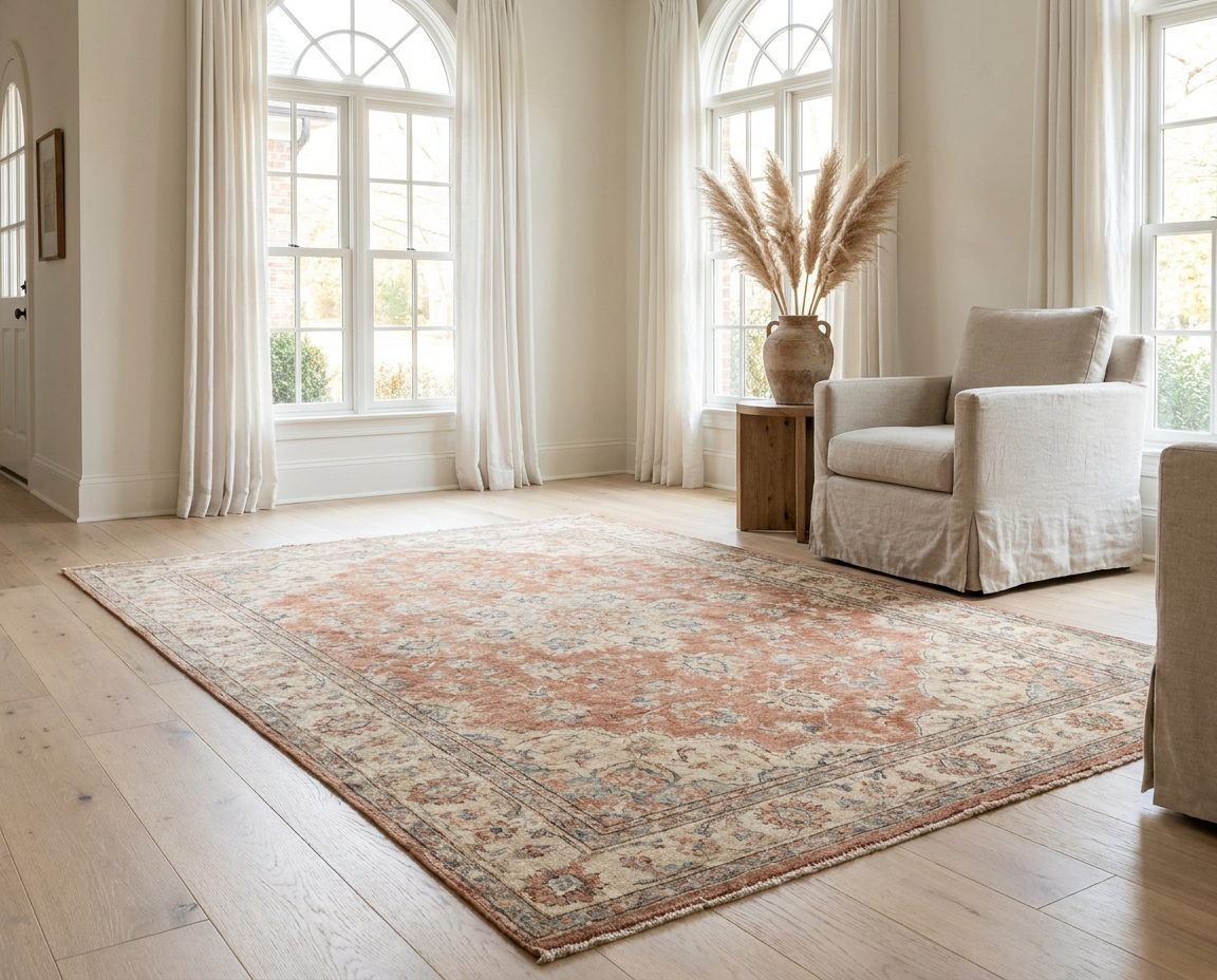 A faded antique rug in a bright, airy room